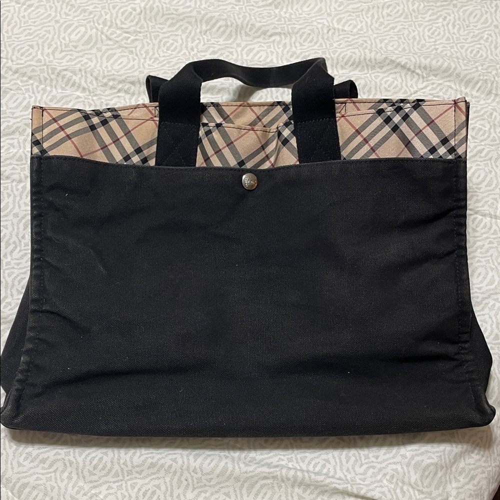 Burberry Black Canvas Tote with Beige Vintage Check Trim